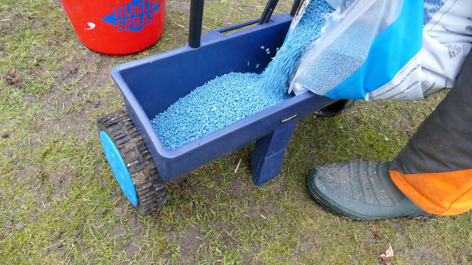 Blaukorn wird aus dem Sack in einen Streuwagen gefüllt